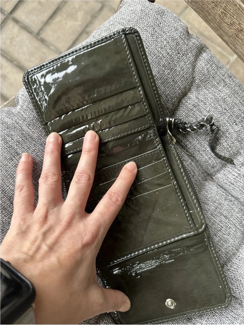 Chloé Olive Green Patent Leather Zip Around Wallet Authentic